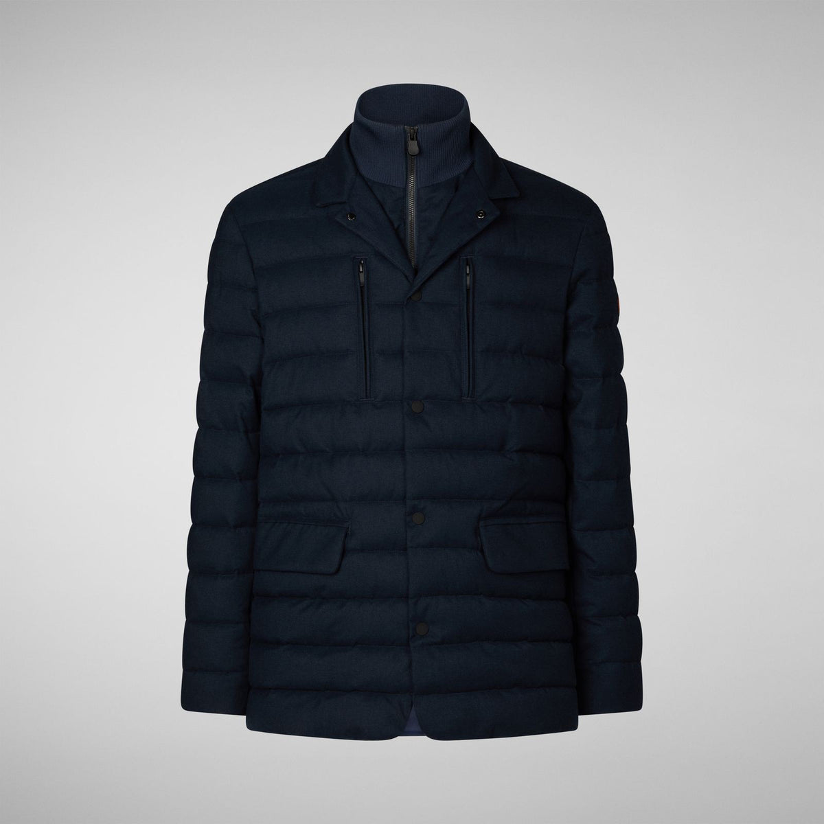 The SAVE THE DUCK - FELIPE Water Resistant Quilted Jacket for men is shown from the back against a light gray background. Made from recycled polyester, it features horizontal stitching and a high collar.