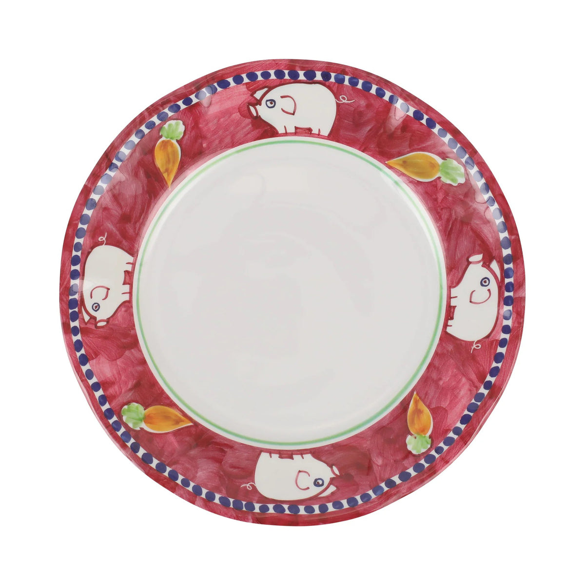 The VIETRI Melamine Campagna Dinner Plate features a round white center, an orange border with blue and white birds, red tulips, and green leaves—ideal for al fresco dining.