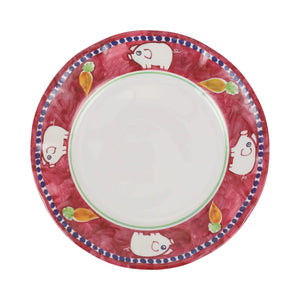 The VIETRI Melamine Campagna Dinner Plate features a round white center, an orange border with blue and white birds, red tulips, and green leaves—ideal for al fresco dining.