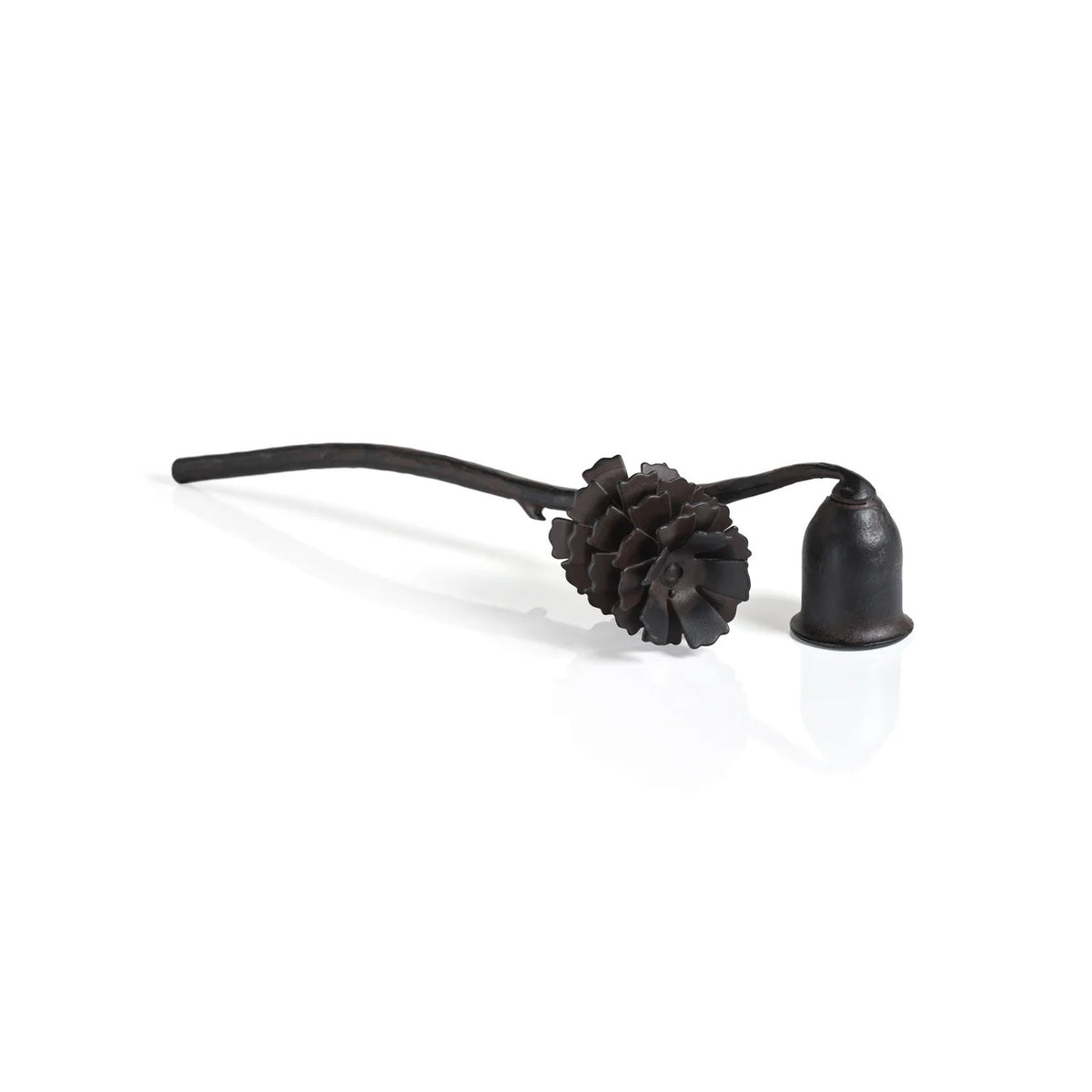 The ZODAX PINE CONE DESIGN WROUGHT IRON CANDLE SNUFFER features a sturdy dark metal build, a pinecone-shaped handle, and a bell-shaped tip, shown on a white background.