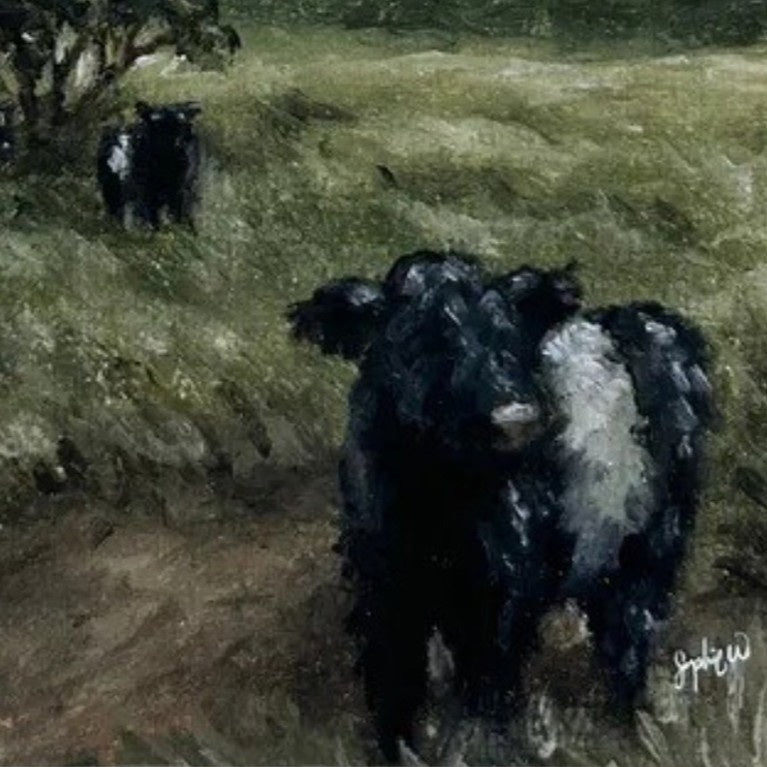 The SOPHIE WYATT STUDIO - BELTIES ART PRINT, 11x14 by SOPHIE WYATT STUDIO features four black-and-white Belted Galloway cows standing in a grassy field with trees and a cloudy sky in the background, beautifully capturing the charm of rural cow artwork.