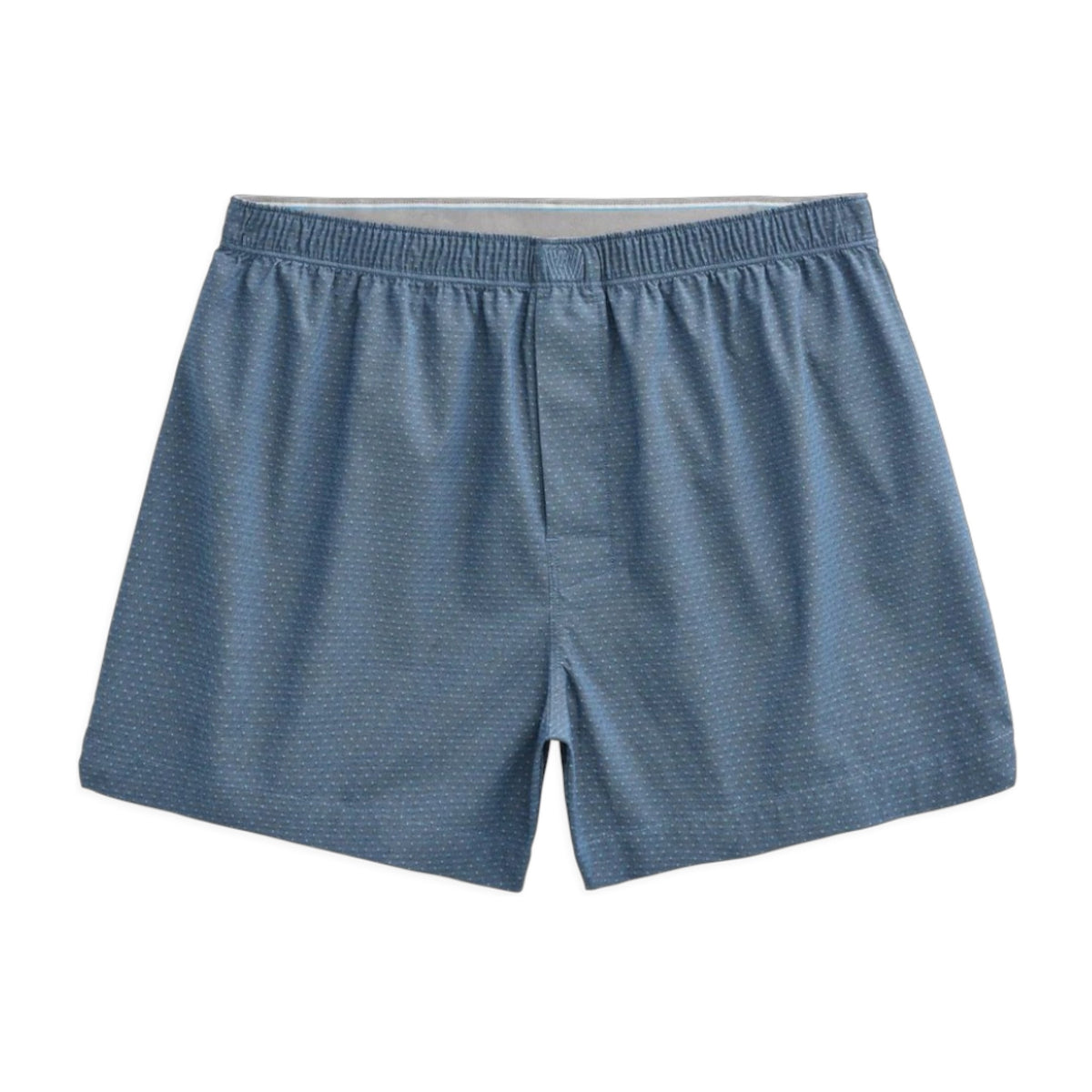 A person is shown from the waist down, wearing MACK WELDON 24/7 Woven Boxer in True Navy Dobby Dot. The background is plain and light gray.