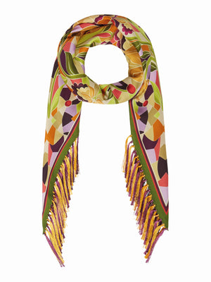 The FRANCO FERRARI Rhombus Silk Fringe Scarf is a luxurious piece with a black base, vibrant floral patterns, bold orange edges, and blue-green fringes. Crafted in Italian style, it elegantly loops in a simple circle.