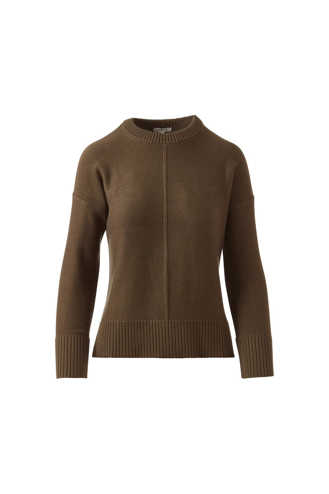 The KINROSS EASY CREW COTTON SWEATER is a brown, long-sleeve 100% cotton knit with a crew neck, ribbed cuffs and hem for breathable comfort—a timeless addition to your wardrobe. Shown on a white background.