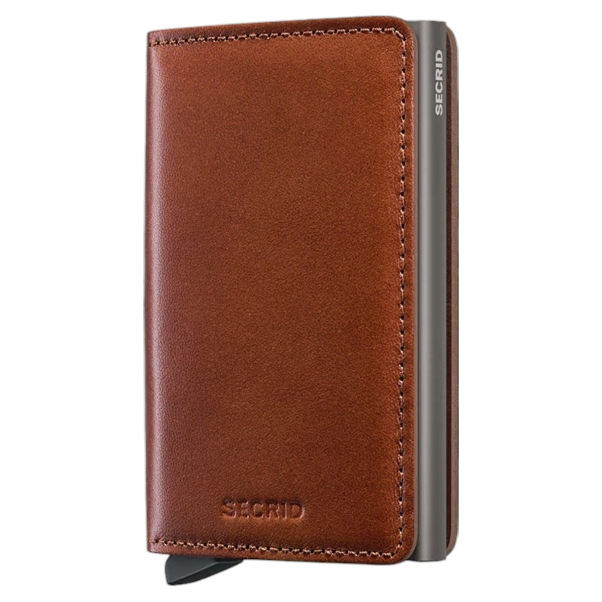 A slim, rectangular SECRID Slimwallet Texano in Saddle stands vertically, featuring a metallic finish with wooden sides. The brand name “SECRID” is printed in white near the top, exemplifying a blend of style and RFID protection for your essentials.