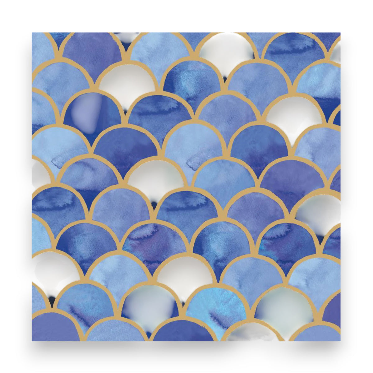 PAPER PRODUCTS DESIGN&#39;s ART DECO BEVERAGE NAPKINS feature a blue and white watercolor scale pattern outlined in gold, bringing an elegant, chlorine-free touch to your table.