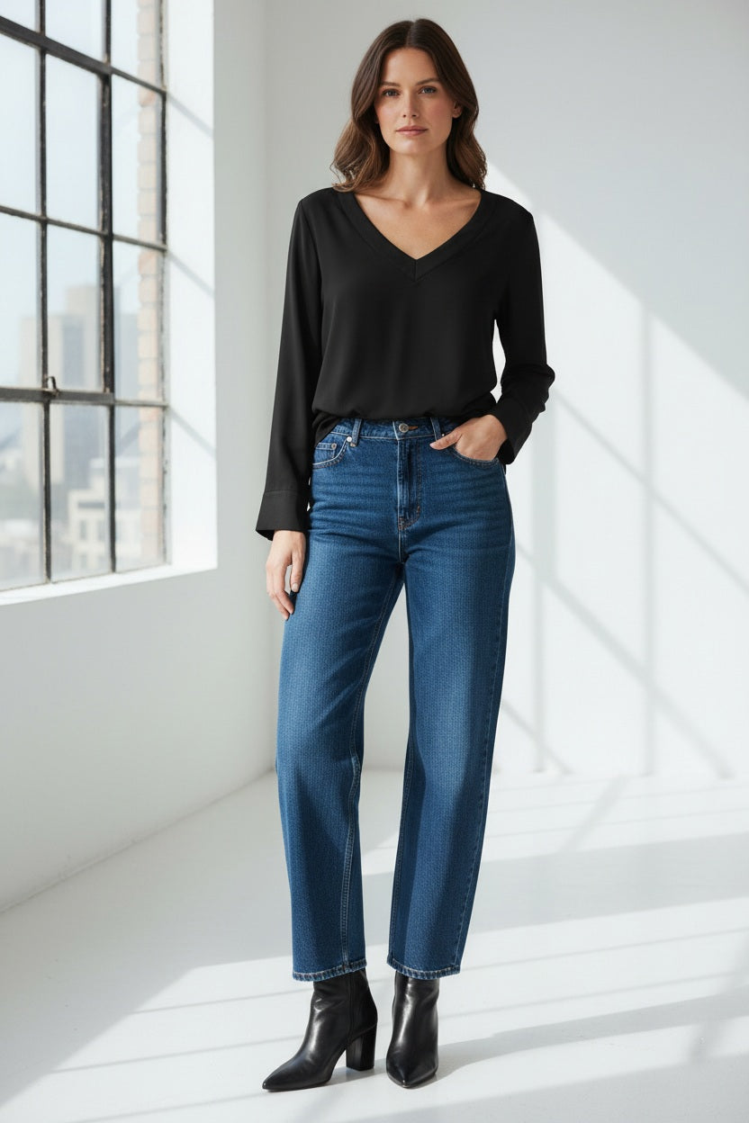 The MOMONI - TERENCE V NECK TOP by MOMONI is a long-sleeved, cream silk crepe blouse with a V-neckline and cuffed sleeves, shown laid flat on a white background.
