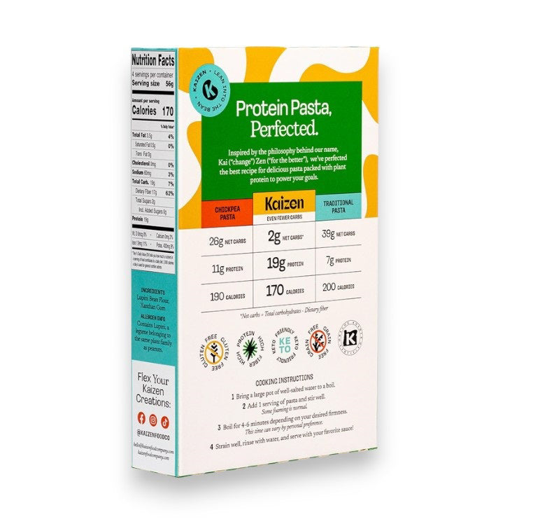 KAIZEN FOOD COMPANY's KAIZEN - FUSILLI features a blue and green box with a window showing the pasta. The plant-based, gluten-free, low-carb fusilli offers 19g protein, 2g net carbs, and 17g fiber per serving.