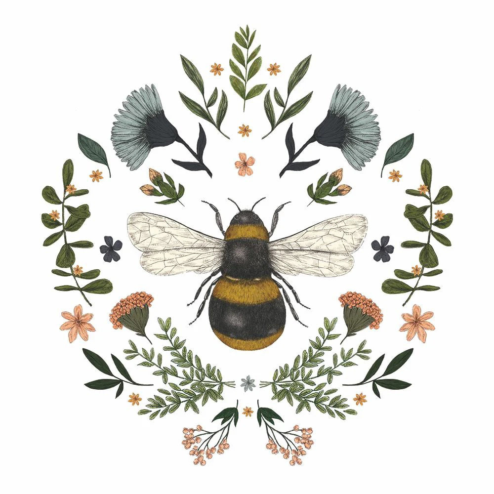 SECRET BEE BEVERAGE NAPKINS by PAPER PRODUCTS DESIGN feature a bee with outstretched wings, encircled by ornate flowers and greenery on a white background. Printed on premium 3-ply paper, made in Germany.