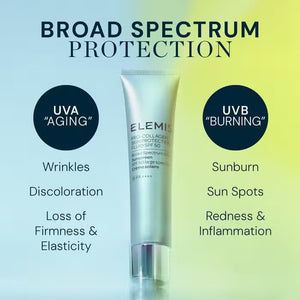 A light blue tube of ELEMIS - PRO-COLLAGEN SKIN PROTECTION FLUID SPF50 from ELEMIS - STEINER is centered on a white background, showcasing its broad-spectrum sunscreen properties, marine algae infusion, and 40ml size for effective skin coverage.