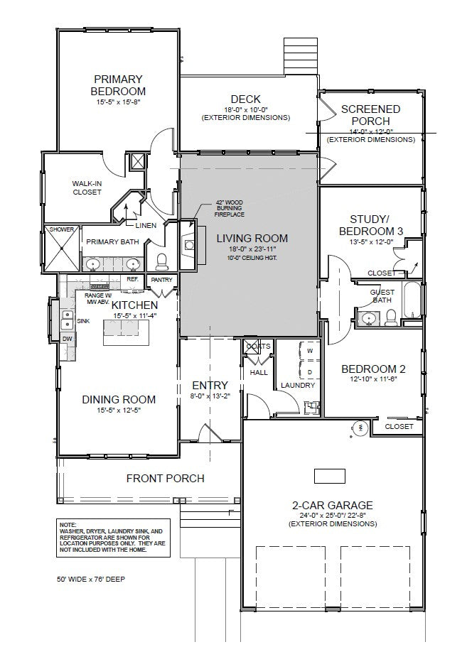 Black and white floor plan of a single-story house showing labeled rooms, including a garage, bedrooms, bathrooms, kitchen, dining room, living room, porches, and closets. Dimensions and layout are clearly marked.