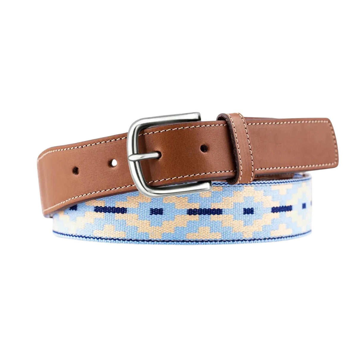 The LA MATERA - PINAMAR WOVEN BELT by LA MATERA features a full-grain leather strap, a silver buckle, and a beaded pattern in light blue, navy, and beige, offering durable premium craftsmanship and lasting style.