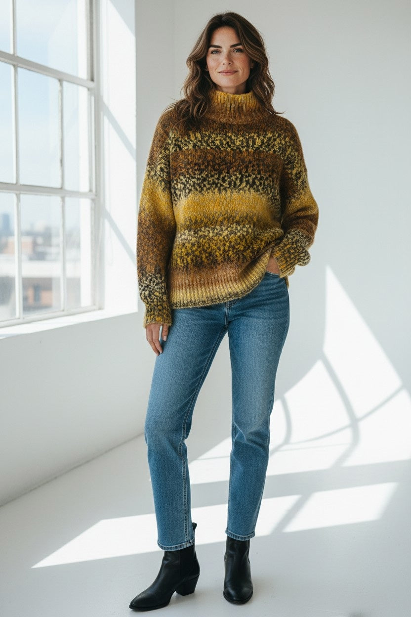 A woman stands in a bright room by the window, wearing the FLOOR - PAINTED YARN LOOSE TURTLENECK SWEATER in yellow and brown watercolor patterns from FLOOR. She has paired it with blue jeans and black boots. Her wavy brown hair frames her softly smiling face as she poses with one hand in her pocket.