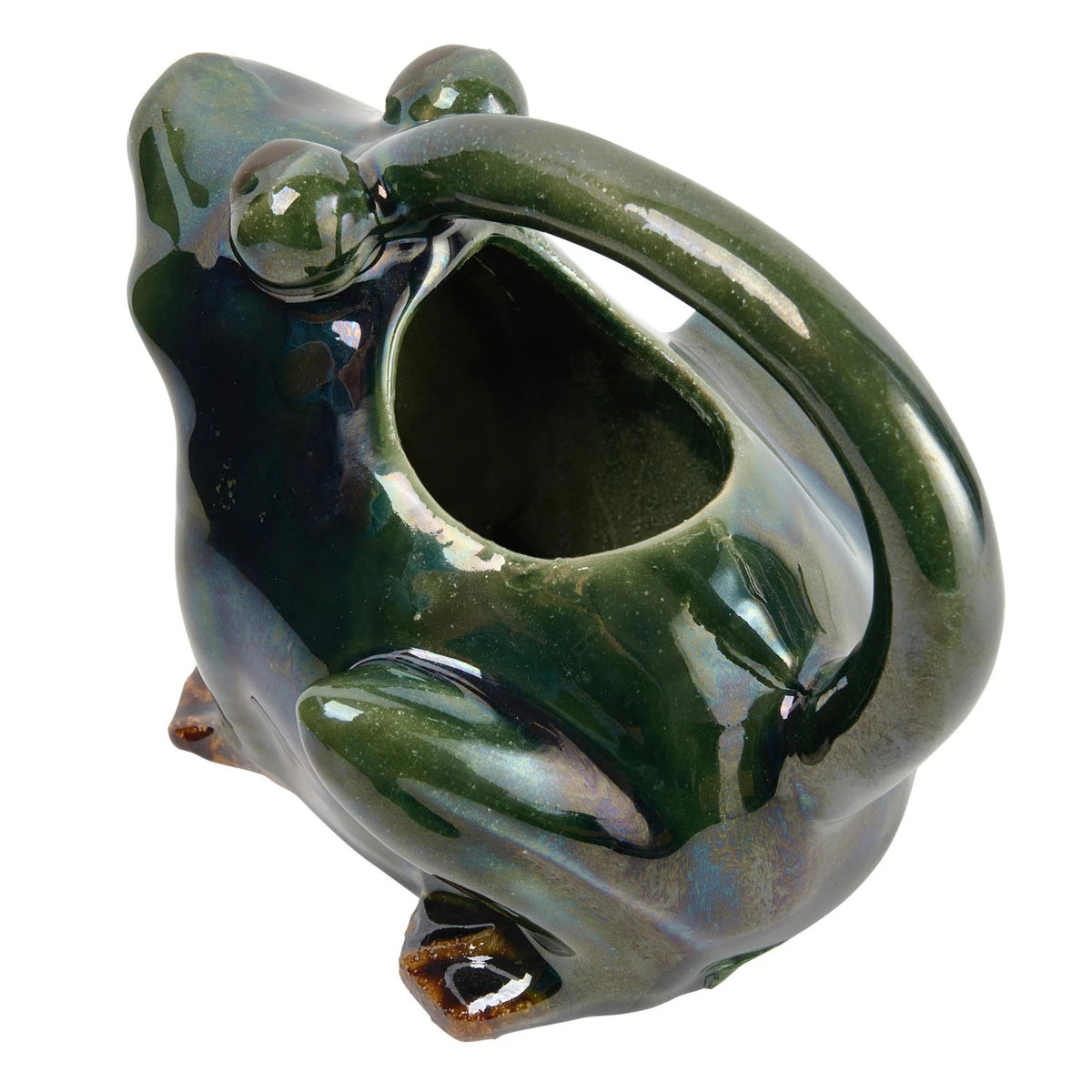The CREATIVE COOP STONEWARE FROG WATERING PITCHER features a glossy dark green frog shape with brown-accented feet, an arched handle over its back, and a spout at the mouth—ideal as a decorative plant pitcher.