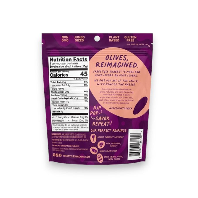 A 4 oz (113g) purple packet of FREESTYLE - KALAMATA OLIVES- EXTRA VIRGIN OLIVE OIL by FREESTYLE SNACKS, featuring Greek-grown, naturally-pitted Kalamata olives enriched with sea salt and immersed in extra virgin olive oil.
