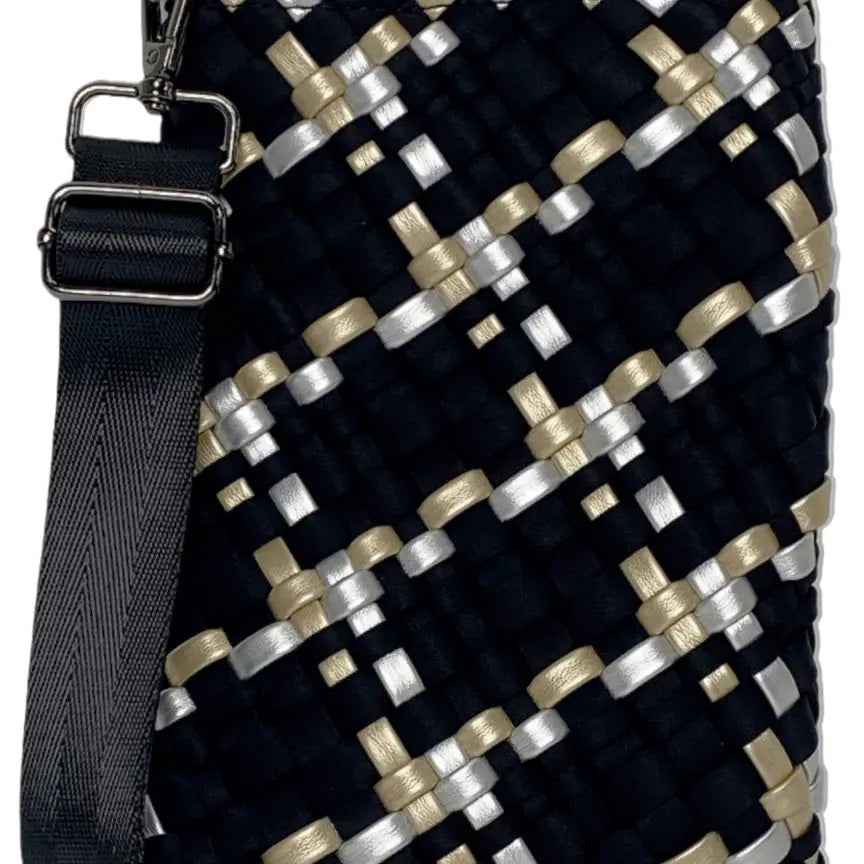 Close-up of the PARKER AND HYDE Mini Woven Messenger from PARKER &amp; HYDE, showcasing black, silver, and gold strips. It features a crossbody strap with a silver buckle, ideal for on-the-go style and convenience.