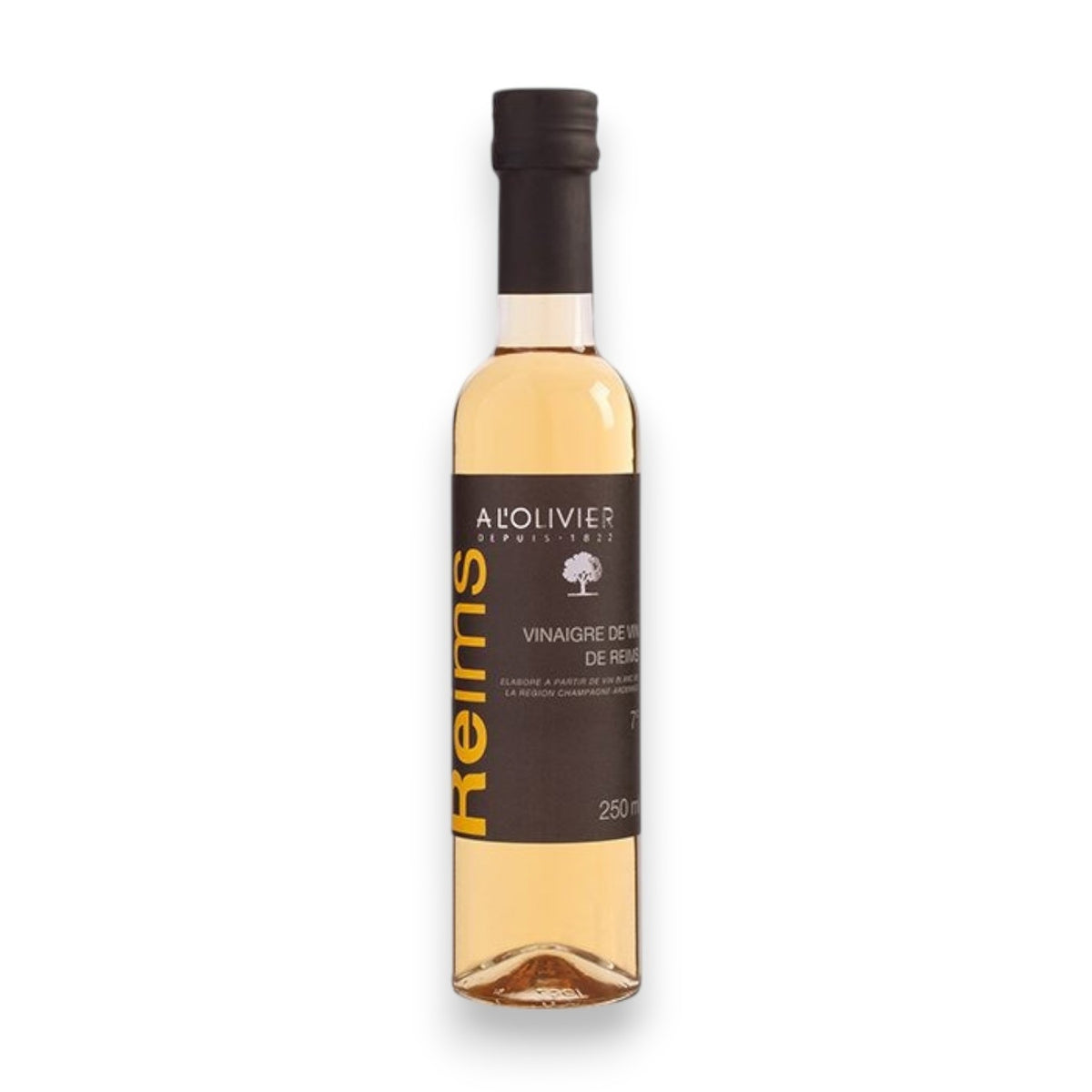 A bottle of ATALANTA CORPORATION A L'OLIVIER WHITE WINE VINEGAR REIMS with a black label and cap, displayed against a white background.