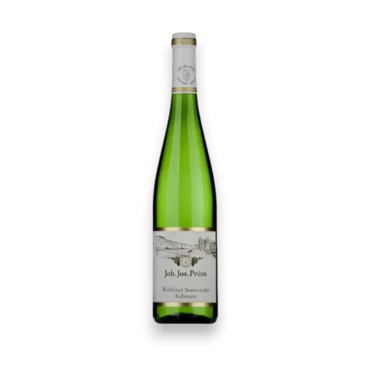 A green bottle with a white label, displaying "J.J. PRÜM 'WEHLENER SONNEUHR' KABINETT RIESLING 2023" and adorned by a vineyard image from Mosel-Saar-Ruwer region, wears a yellow cap. Brought to you by WINE: TRYON, it promises elegance in every pour.
