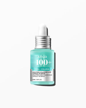Close-up of a woman’s face with GLOWISS ANUA - HYALURONIC ACID CAPSULE 100 SERUM applied via dropper to enhance radiance. Instructions: After toner, apply serum and gently spread for absorption. Use daily, AM & PM.