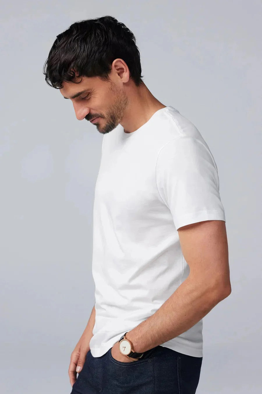 The MACK WELDON Silver Crew Neck T-Shirt in Porcelain, a plain short-sleeve style made from soft Supima cotton, is shown on a white background.