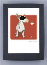 Illustration of a small white Bull Terrier with a black patch around one eye, sitting on a red square background. The dog is facing forward with its head slightly turned to the side. This artwork, presented as part of the PAPER RUSSELS - BULL TERRIER NOTE CARDS by PAPER RUSSELLS, is printed on recycled paper using renewable green electricity and bordered with a white frame and a black outer frame.