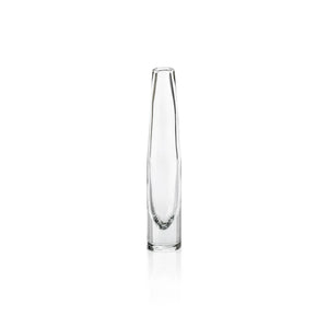 The ZODAX TATE SLIM CLEAR GLASS VASE - SHORT, featuring a narrow neck and wider base, measures 2.5 in x 13.5 in and is shown against a plain white background.