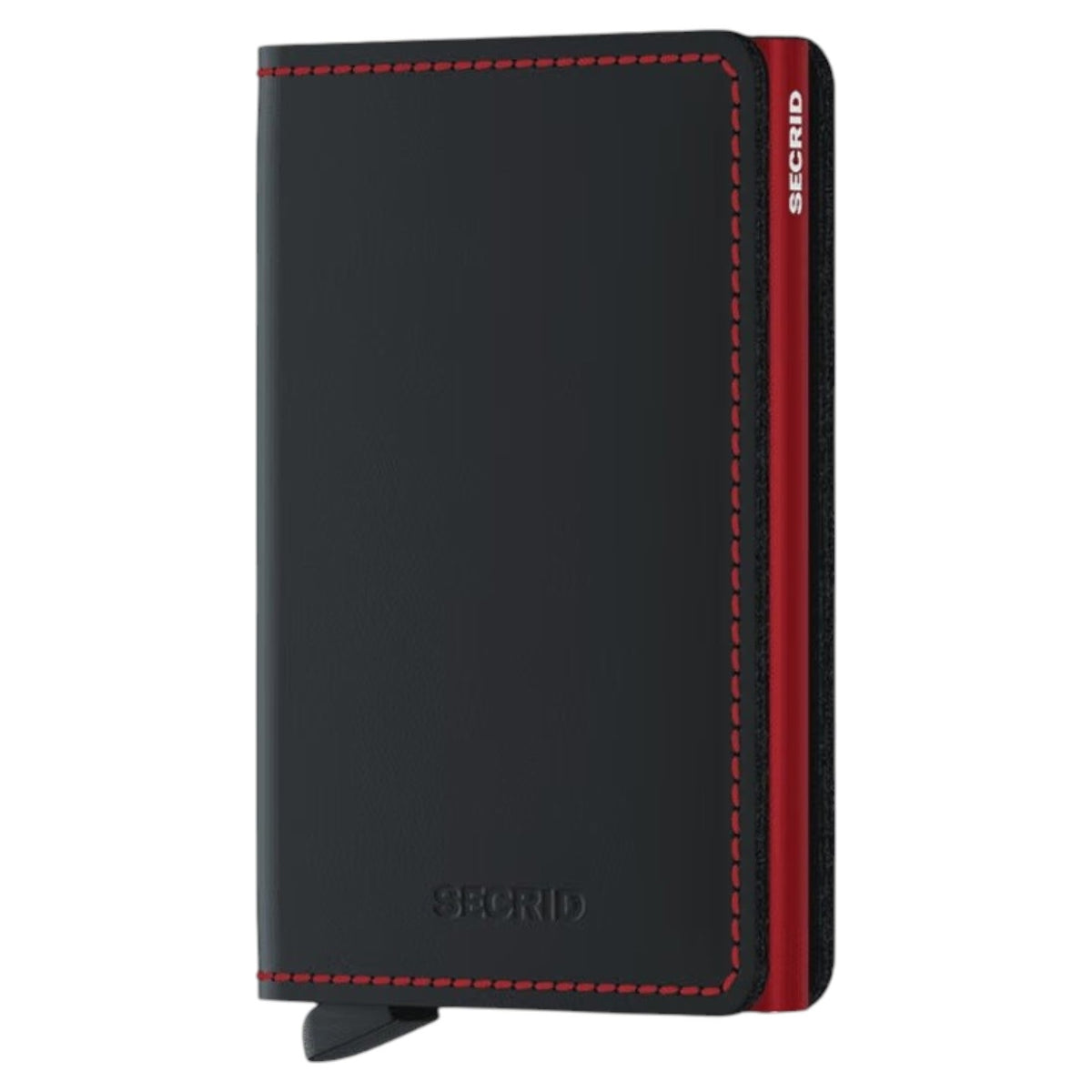 A SECRID - SLIMWALLET MATTE IN BLACK AND RED stands upright, viewed from the side, showcasing its slim profile with black textured edges and the brand name “SECRID” printed vertically in white. This RFID protected wallet blends a sleek design with advanced security, making it an ideal choice for carrying modern essentials.