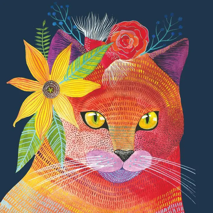 The MANDARINE BEVERAGE NAPKINS by PAPER PRODUCTS DESIGN feature a vibrant illustration of a cat with yellow eyes, a large yellow flower, and a red flower. The warm hues on the naturally bleached napkin contrast beautifully with the dark blue background, adding charm to any table setting.