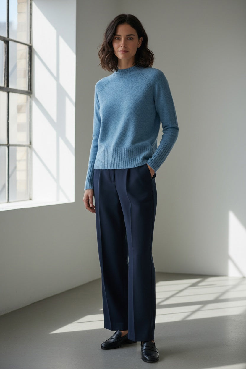 A woman with blonde hair models the KINROSS CASHMERE Hi Low Rib Trim Funnel in Loch—a light blue, long-sleeve cashmere pullover with ribbed trim—paired with dark pants. She stands against a plain white background, turned slightly to the side.
