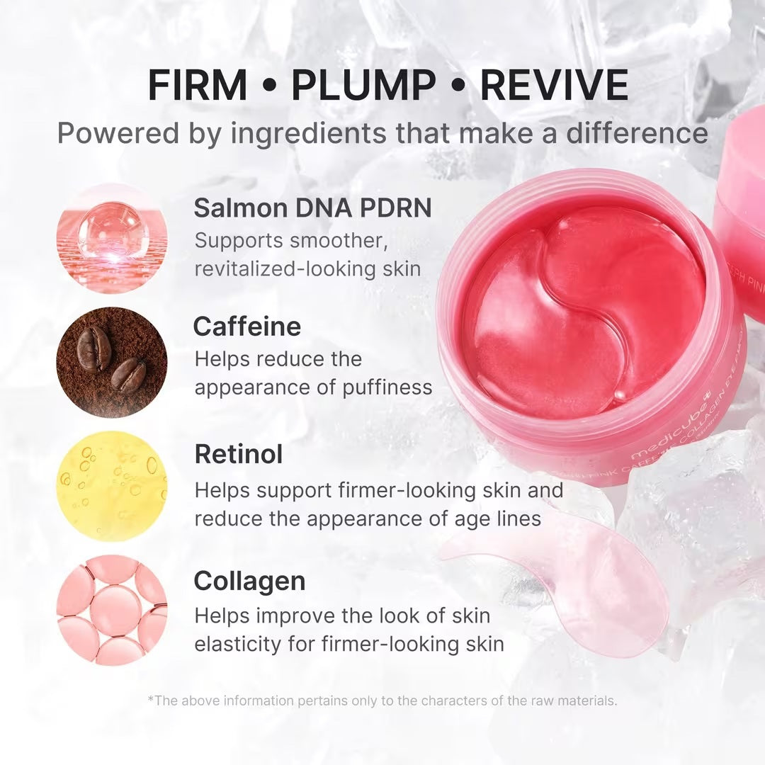 A pink tub labeled “MEDICUBE - PDRN CAFFEINE COLLAGEN EYE PATCH” from KOSMIC KBEAUTY SKINCARE, shown opened with a pair of crescent-shaped pink gel patches displayed above the container. These under-eye patches are infused with collagen to help hydrate and refresh the skin.