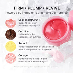 A pink tub labeled “MEDICUBE - PDRN CAFFEINE COLLAGEN EYE PATCH” from KOSMIC KBEAUTY SKINCARE, shown opened with a pair of crescent-shaped pink gel patches displayed above the container. These under-eye patches are infused with collagen to help hydrate and refresh the skin.