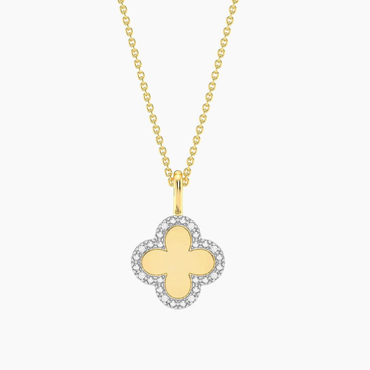 Introducing the ELLA STEIN - CLASSIC BLOOM PENDANT NECKLACE by ELLA STEIN: A gold plated chain necklace showcasing a clover-shaped pendant with a gold center, beautifully outlined by small natural diamonds for a delicate and elegant look.