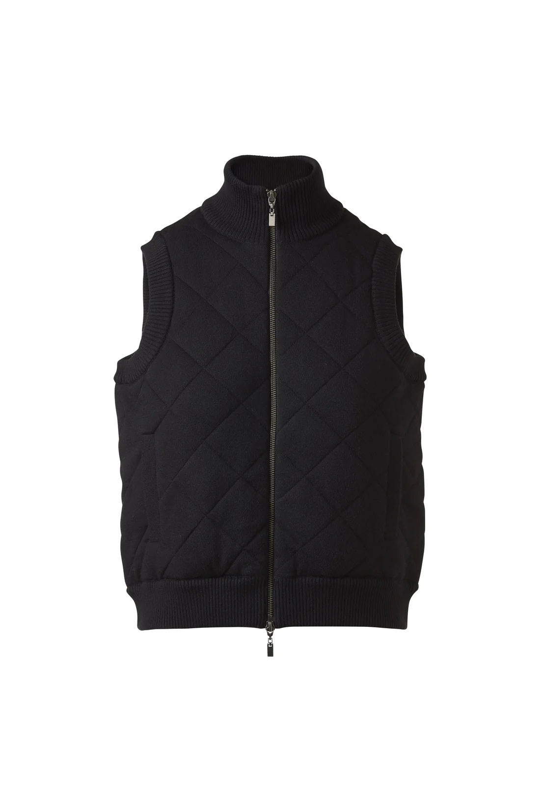 The KINROSS CASHMERE - QUILTED VEST IN BLACK is a luxury sleeveless vest with a front zipper, ribbed collar, armholes, and hem, shown against a white background.