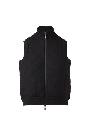 The KINROSS CASHMERE - QUILTED VEST IN BLACK is a luxury sleeveless vest with a front zipper, ribbed collar, armholes, and hem, shown against a white background.