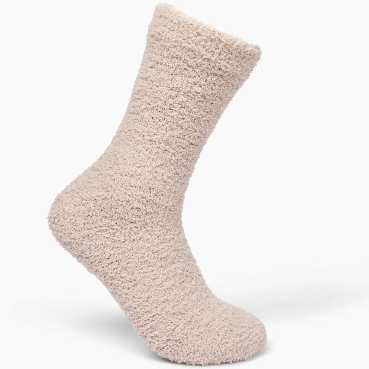 Beige fuzzy socks made from soft plush material are wrapped in a white &quot;Cozy Cloud Socks&quot; label displaying &quot;Giften Market&quot; and &quot;GIFTENMARKET.COM.&quot; These women&#39;s socks are neatly folded and viewed from above on a plain background.