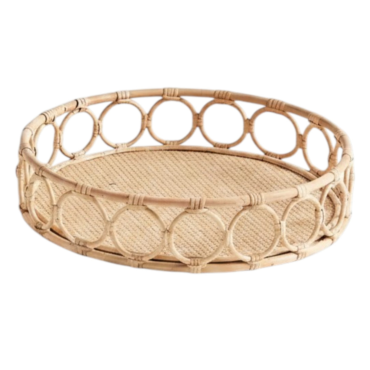 A close-up of the NAPA HOME AND GARDEN Ninette Rattan Round Tray, Small, in light brown with a woven base and decorative interlocking circular rim—ideal for boho decor—set against a plain white background.