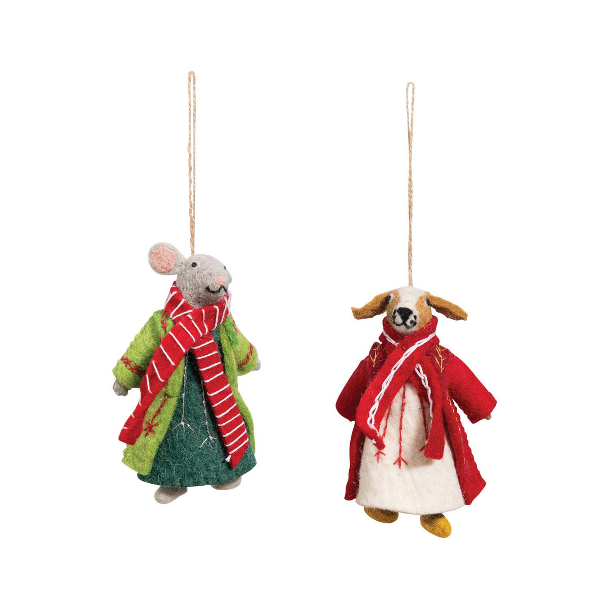 Add festive cheer with the CREATIVE COOP FELT MOUSE AND DOG ORNAMENTS—adorable felt mouse in a green coat and red scarf, and dog in a red coat and scarf, both hanging from strings.