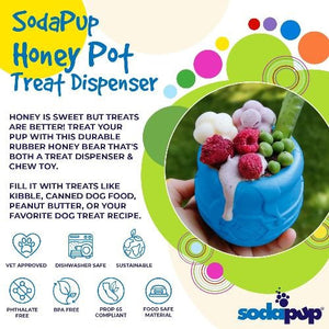 The SODA PUP HONEY POT DOG TREAT DISPENSER - YELLOW LARGE is a durable, barrel-shaped plastic enrichment toy for dogs, featuring a hexagonal pattern and a bee symbol on the side that mimics a honey pot. Shown against a plain white background, this puzzle feeder doubles as a treat dispenser to provide mental stimulation for your pup.