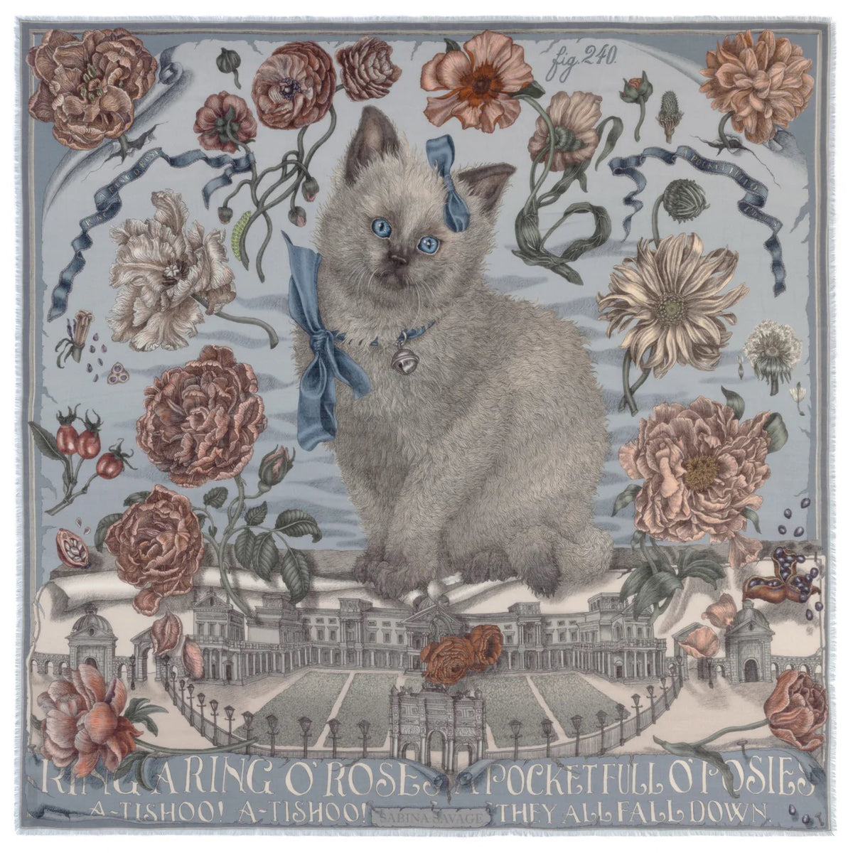 A person wearing a light-colored dress drapes the SABINA SAVAGE - RING A RING O' ROSES cashmere scarf in Glacier/Ballet over their shoulders, featuring intricate floral designs reminiscent of English garden flowers. The muted hues contrast beautifully against its soft blue-gray background.