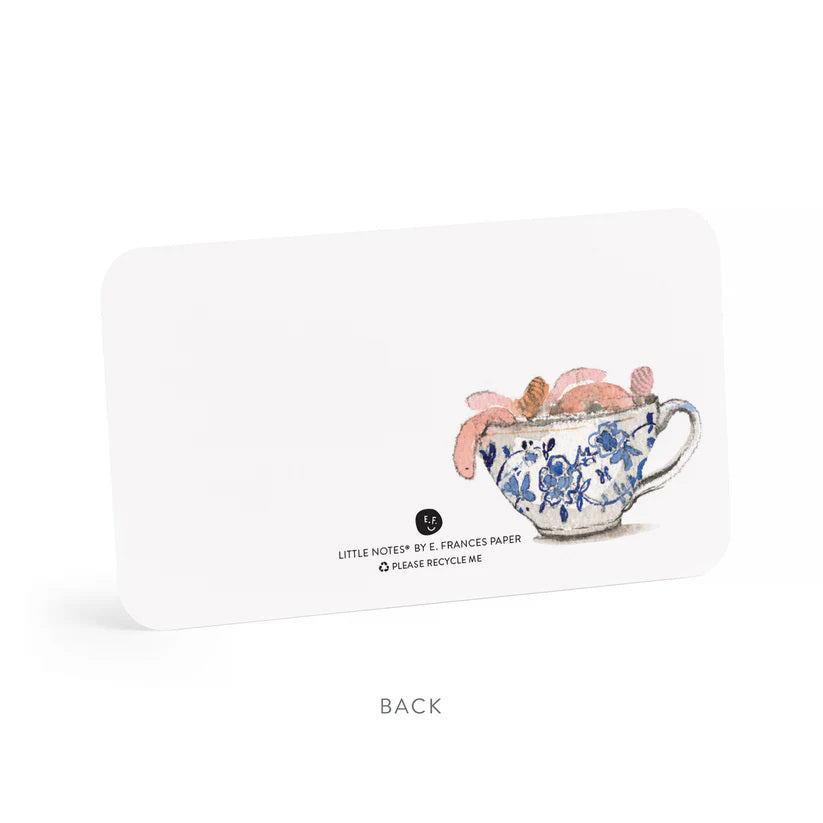A clear plastic box holds 85 "Birdie Love Little Notes" by E. Frances Paper, each capturing the essence of "Birdie Love," with a front card watercolor of a large blue bird and a small purple bird perched on a branch.