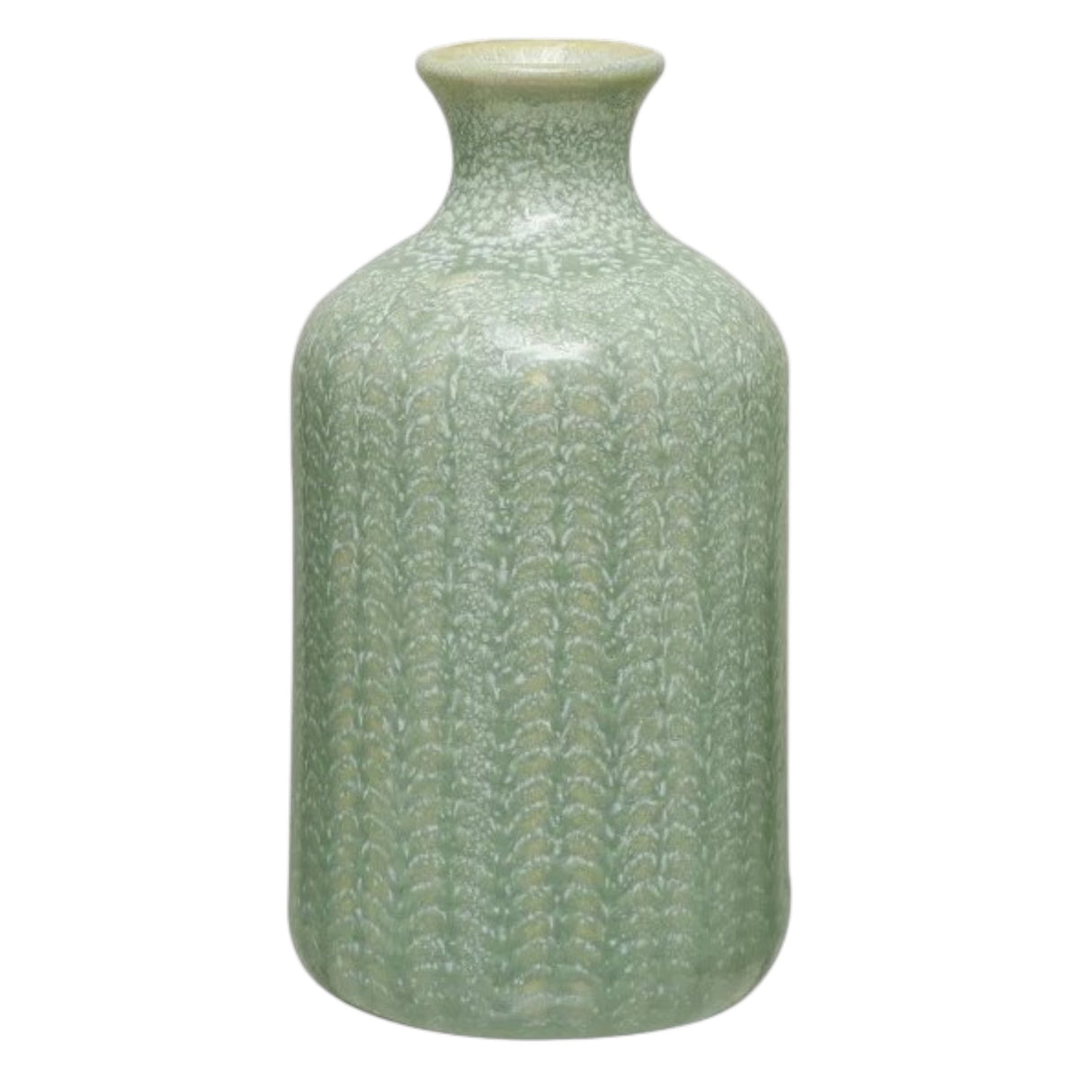 The CREATIVE COOP GRAY EMBOSSED STONEWARE VASE, MEDIUM features a tall, cylindrical shape with a narrow neck, flared rim, and textured leaf-like pattern—ideal as a decorative farmhouse accent.
