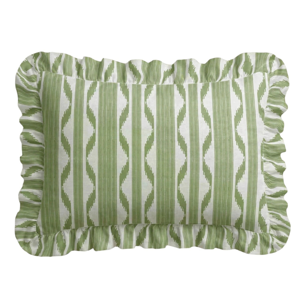 The LOOM & CLOTH IKAT Stripe Ruffled Lumbar Pillow in Green features a rectangular cotton design with green and white zigzag stripes, charming ruffled edges, and is set against a neutral background.