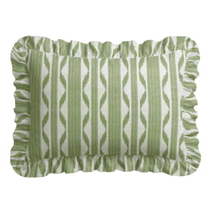 The LOOM & CLOTH IKAT Stripe Ruffled Lumbar Pillow in Green features a rectangular cotton design with green and white zigzag stripes, charming ruffled edges, and is set against a neutral background.