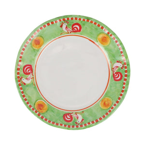 The VIETRI Melamine Campagna Dinner Plate features a round white center, an orange border with blue and white birds, red tulips, and green leaves—ideal for al fresco dining.