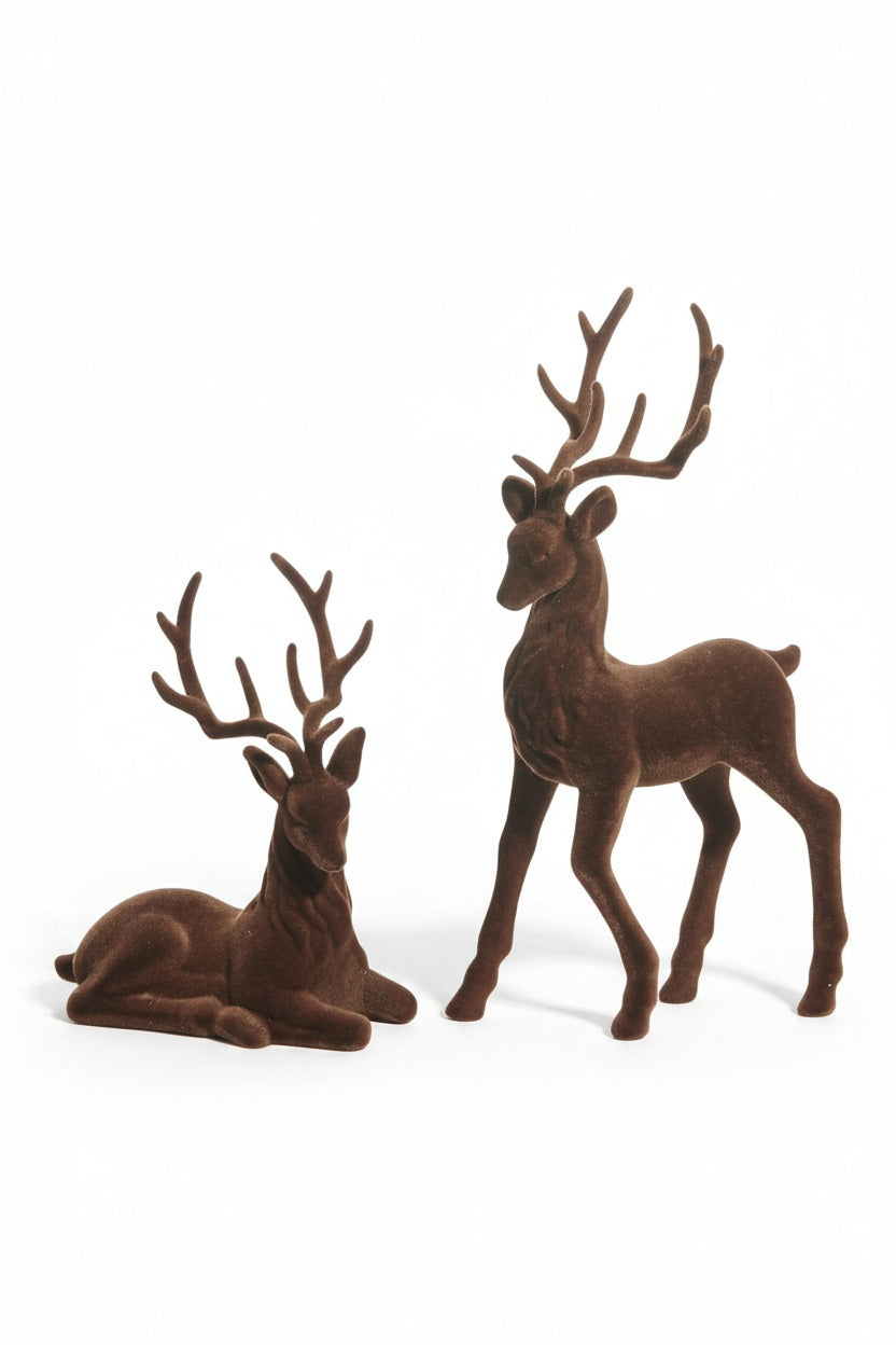BROWN FLOCKED DEER figurines, one standing and one lying down, in an assorted style for home decor.