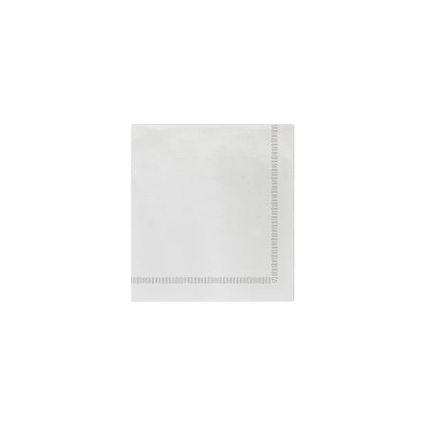 The VIETRI Fringe Cocktail Napkin, crafted from Italian spunlace, features a decorative green border on two adjacent sides forming a right angle. Ideal for cocktails, its design showcases evenly spaced vertical lines on a plain white background.