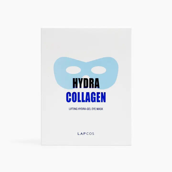 A rectangular package with a white background prominently displays the text &quot;LAPCOS - HYDRA COLLAGEN LIFTING EYE MASK&quot; alongside a light blue illustration of an eye mask. Infused with Marine Collagen and tripeptide complex, the brand name &quot;LAPCOS&quot; is shown at the bottom.