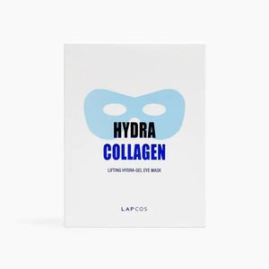 A rectangular package with a white background prominently displays the text "LAPCOS - HYDRA COLLAGEN LIFTING EYE MASK" alongside a light blue illustration of an eye mask. Infused with Marine Collagen and tripeptide complex, the brand name "LAPCOS" is shown at the bottom.
