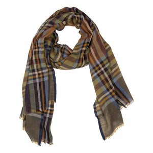 A tartan wool scarf from HARTFORD, showcasing a classic plaid pattern in camel, blue, and burgundy, is laid flat on a white background—this HARTFORD Tartan Wool Scarf is the perfect men’s winter accessory.