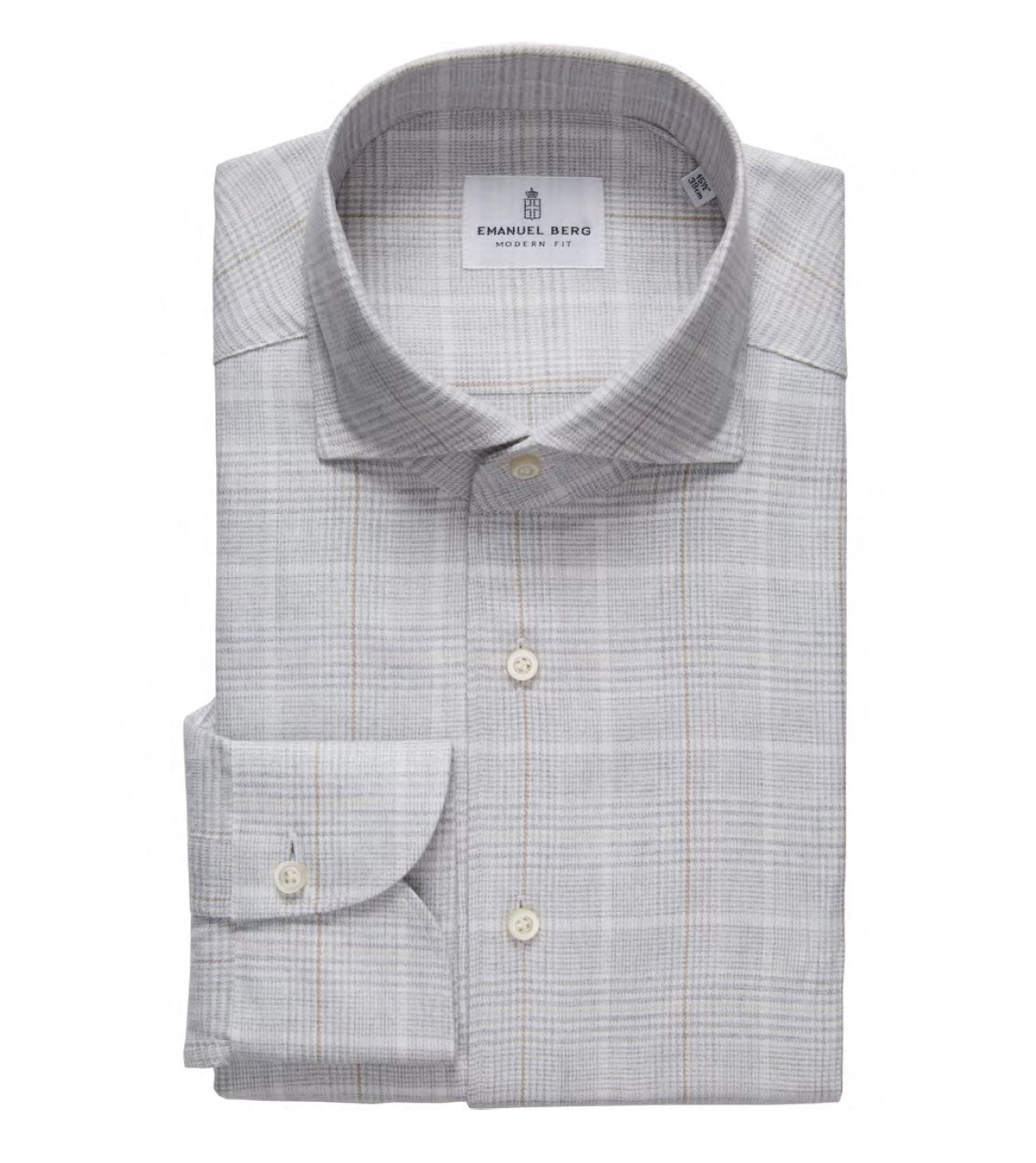 A neatly folded EMANUEL BERG Prince of Wales Luxe Flannel Shirt in grey, long-sleeved with a subtle plaid pattern, classic collar, visible cuff, wrinkle-resistant and labeled "Emanuel Berg Modern Fit.